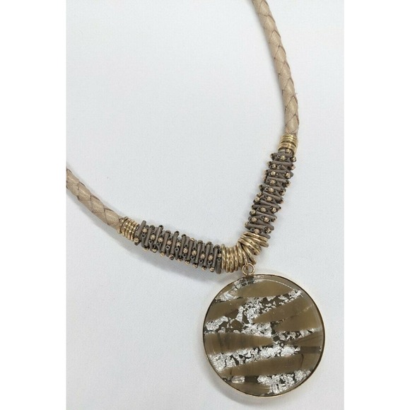 Chico's Jewelry - CHICO'S Pendant Necklace Circle Brown Gold Tone Silver Tone Metallic Tan Braided